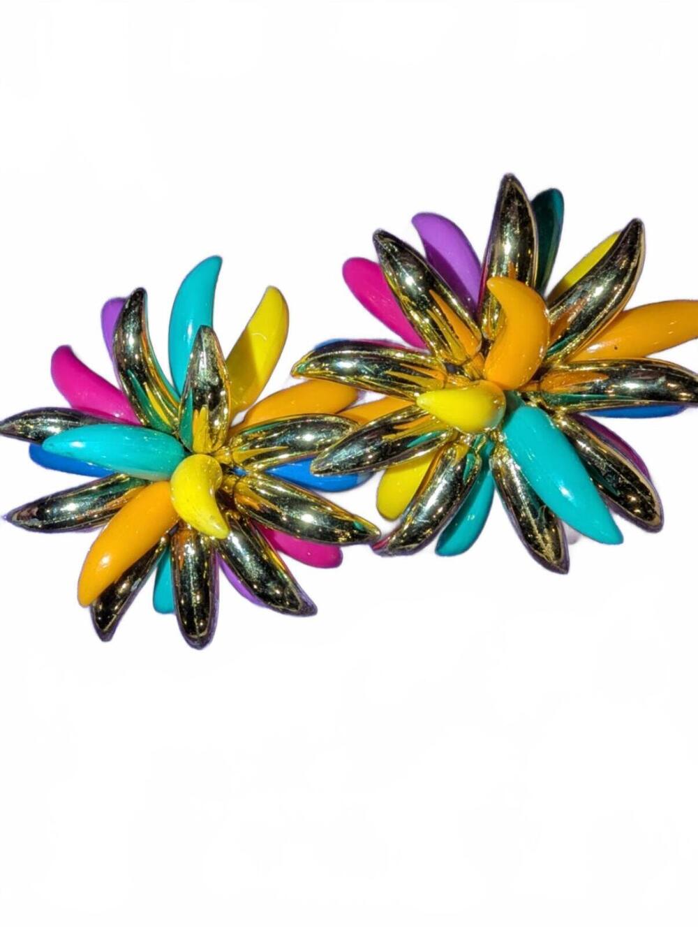 French Flower Spike Large Scale Earclips Gilded plastic 1960s